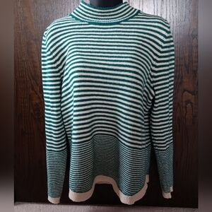 Liz Claiborne Green and Cream Striped Mock Turtleneck Sweater